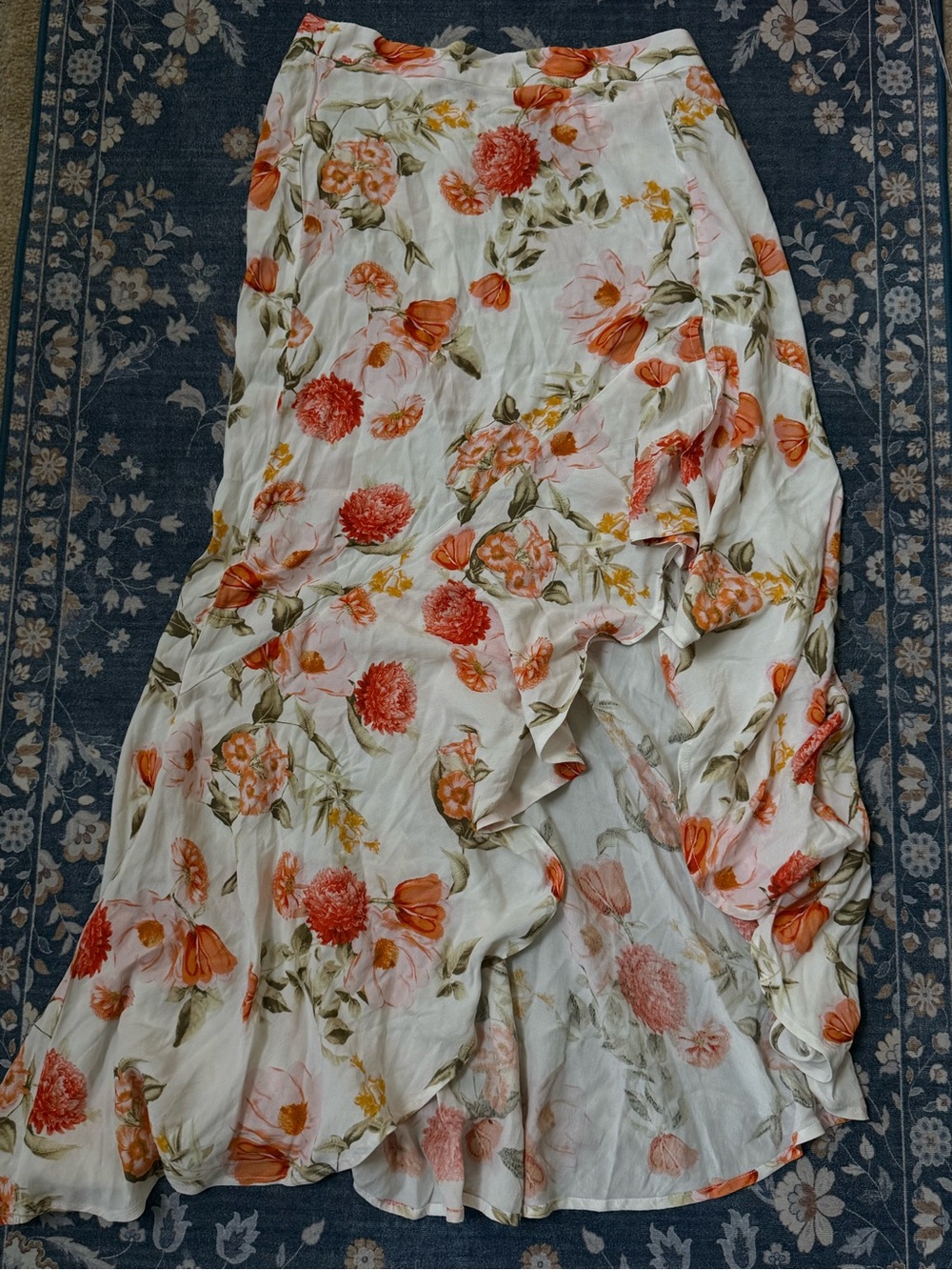 Forever 21 Ivory Floral Asymmetric Ruffle Romantic Western Cottage Midi Skirt M